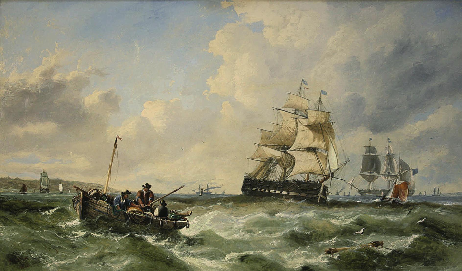 John Callow, O.W.S. - Warships and fishing boats in the Channel off the south coast
