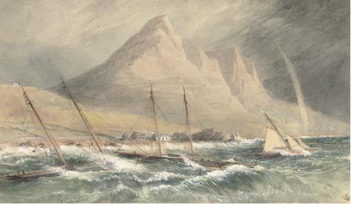 John Callow, R.W.S. - Racing schooners anchored inshore and riding out the gale off the Irish coast, possibly Co. Down