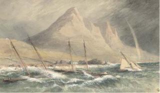 John Callow, R.W.S. - Racing schooners anchored inshore and riding out the gale off the Irish coast, possibly Co. Down