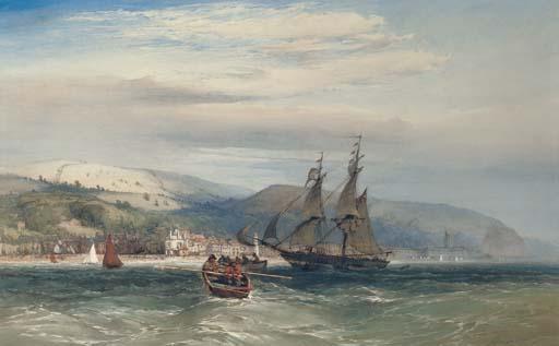 John Callow - A Ship In A Harbour With Rowing Boats And Yachts, A Coastal Town And Fortress Beyond