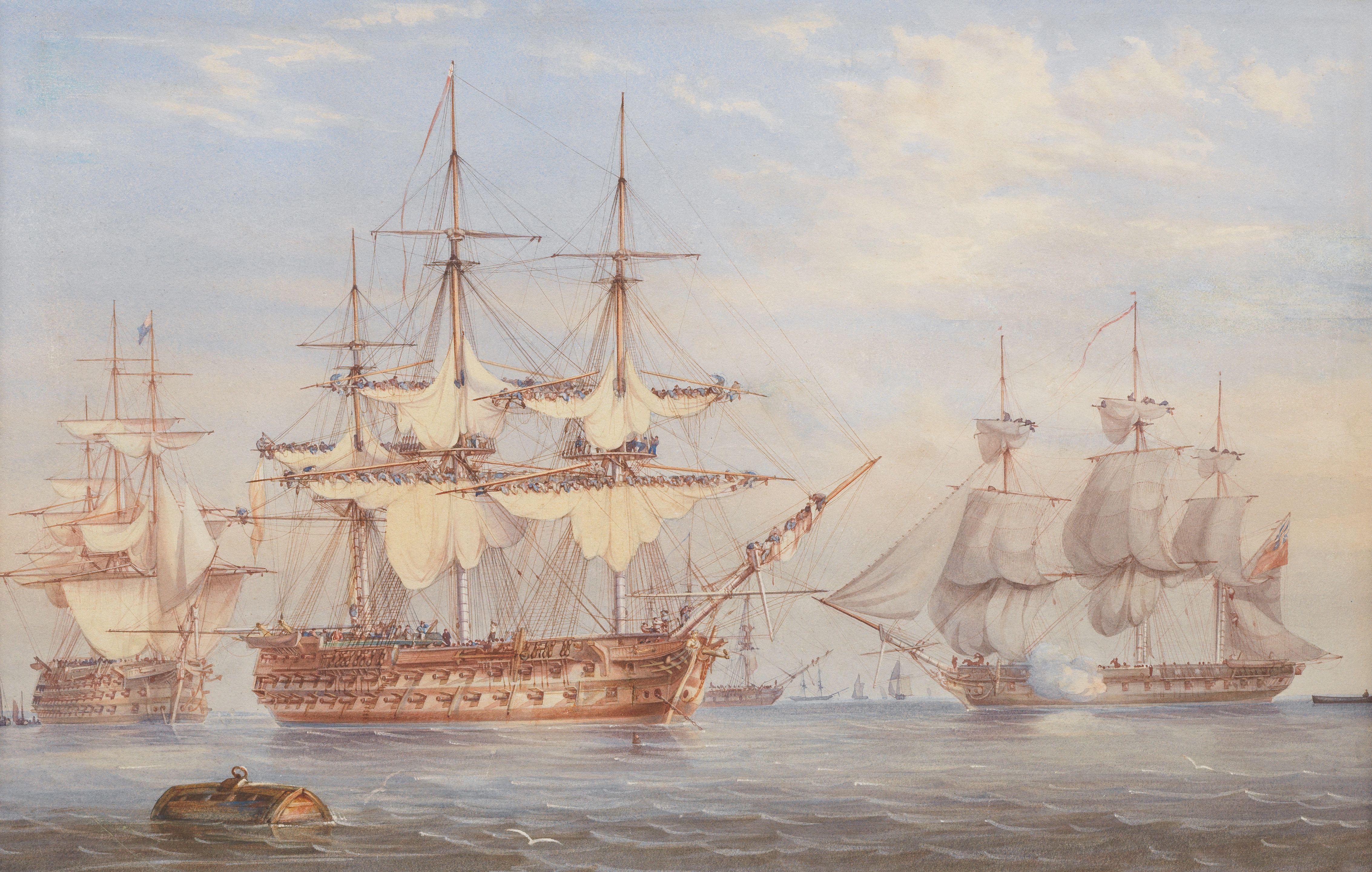 John Cantiloe Joy - A two-decker furling its sails upon arrival into port with a frigate firing a salute to signal its departure