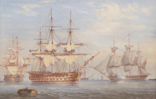 John Cantiloe Joy - A two-decker furling its sails upon arrival into port with a frigate firing a salute to signal its departure