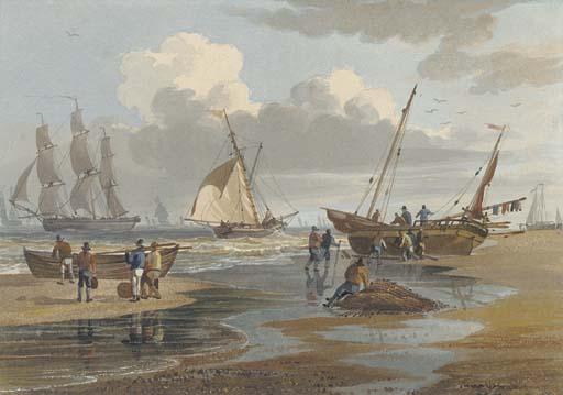 John Cantiloe Joy - Shipping off the Norfolk coast, with sailors on a beach