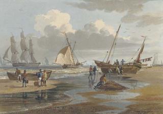 John Cantiloe Joy - Shipping off the Norfolk coast, with sailors on a beach