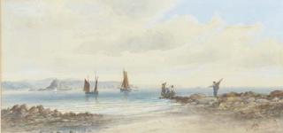 John Charles Clarkson Uren - Fishing boats in a calm off St. Michaels\' Mount; and A fisherman sitting on the side of his boat