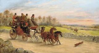 John Charles Maggs - A Bristol to London mail coach with a hunt beyond