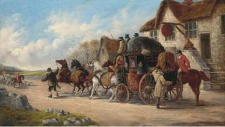 John Charles Maggs - A mail coach outside the Old Fox Inn, a hunt beyond