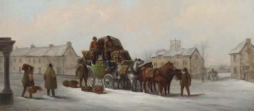 John Charles Maggs - The Bristol, Bath and London Coach in snow before an inn; and The Bath, Reading and London coach in a snow-covered market place