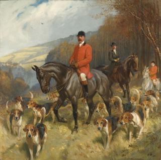 John Charlton, R.I., R.B.A. - Mr & Mrs Lewis Priestman on hunters with the Braes of Derwent hunt, in a landscape