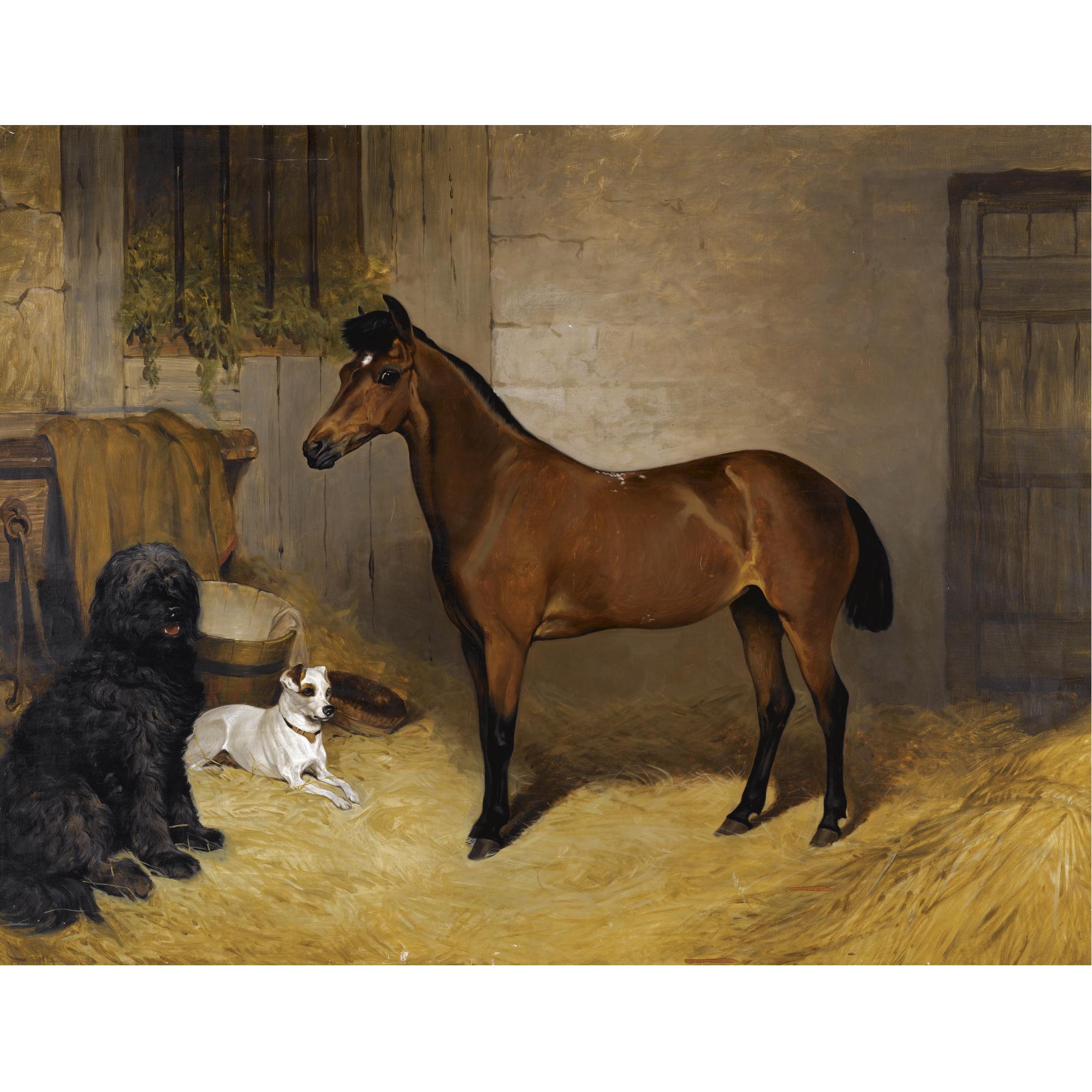 John Charlton - A Chestnut Horse With A Sheepdog And Terrier In A Stable 