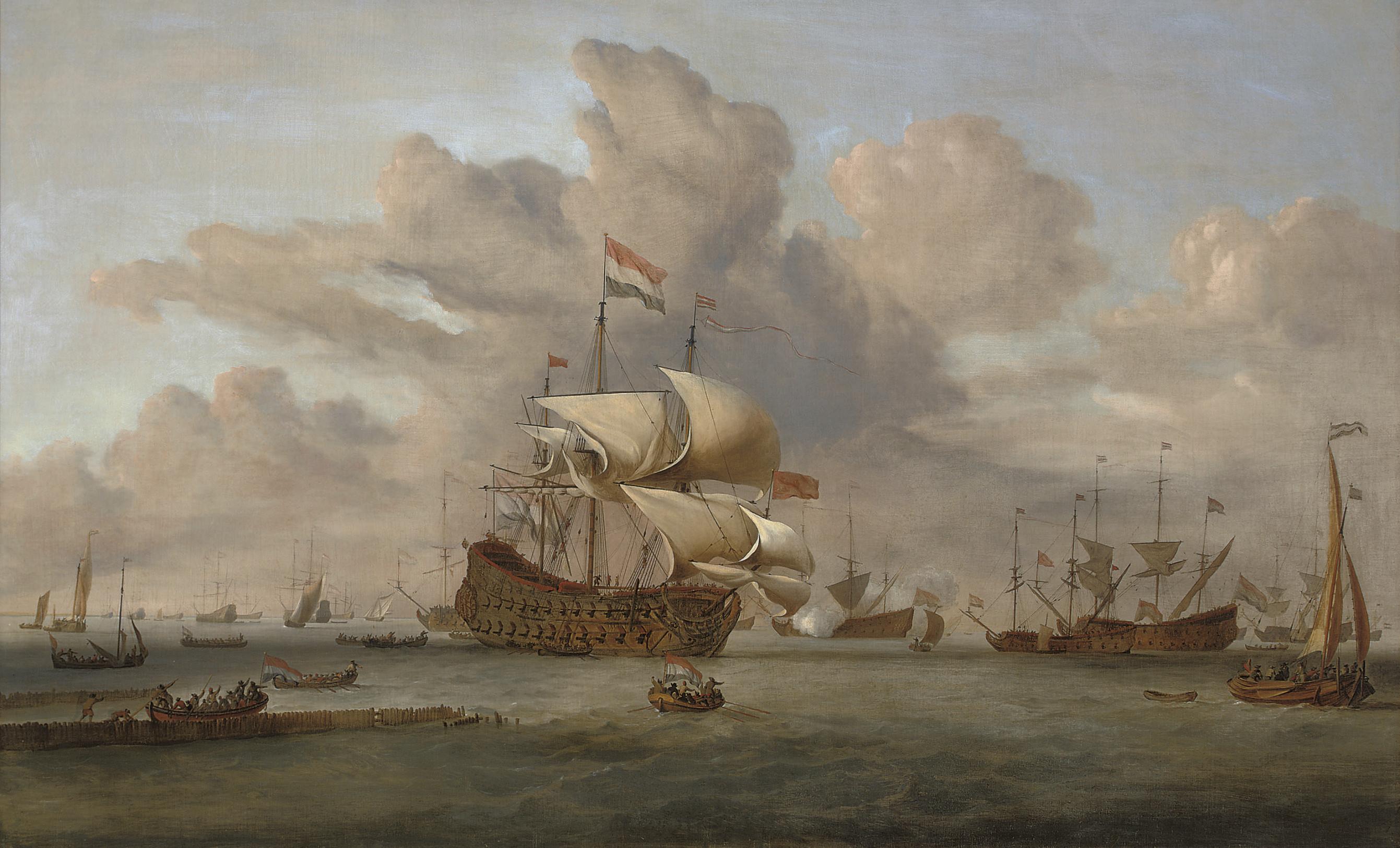 John Christian Schetky - A Dutch flagship receiving a salute as she arrives at the fleet anchorage