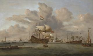 John Christian Schetky - A Dutch flagship receiving a salute as she arrives at the fleet anchorage