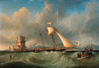 John Christian Schetky - Lord Belfast\'s yacht Emily hove-to for her owner to come aboard, off the Belem Tower, Lisbon