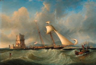 John Christian Schetky - Lord Belfast\'s yacht Emily hove-to for her owner to come aboard, off the Belem Tower, Lisbon