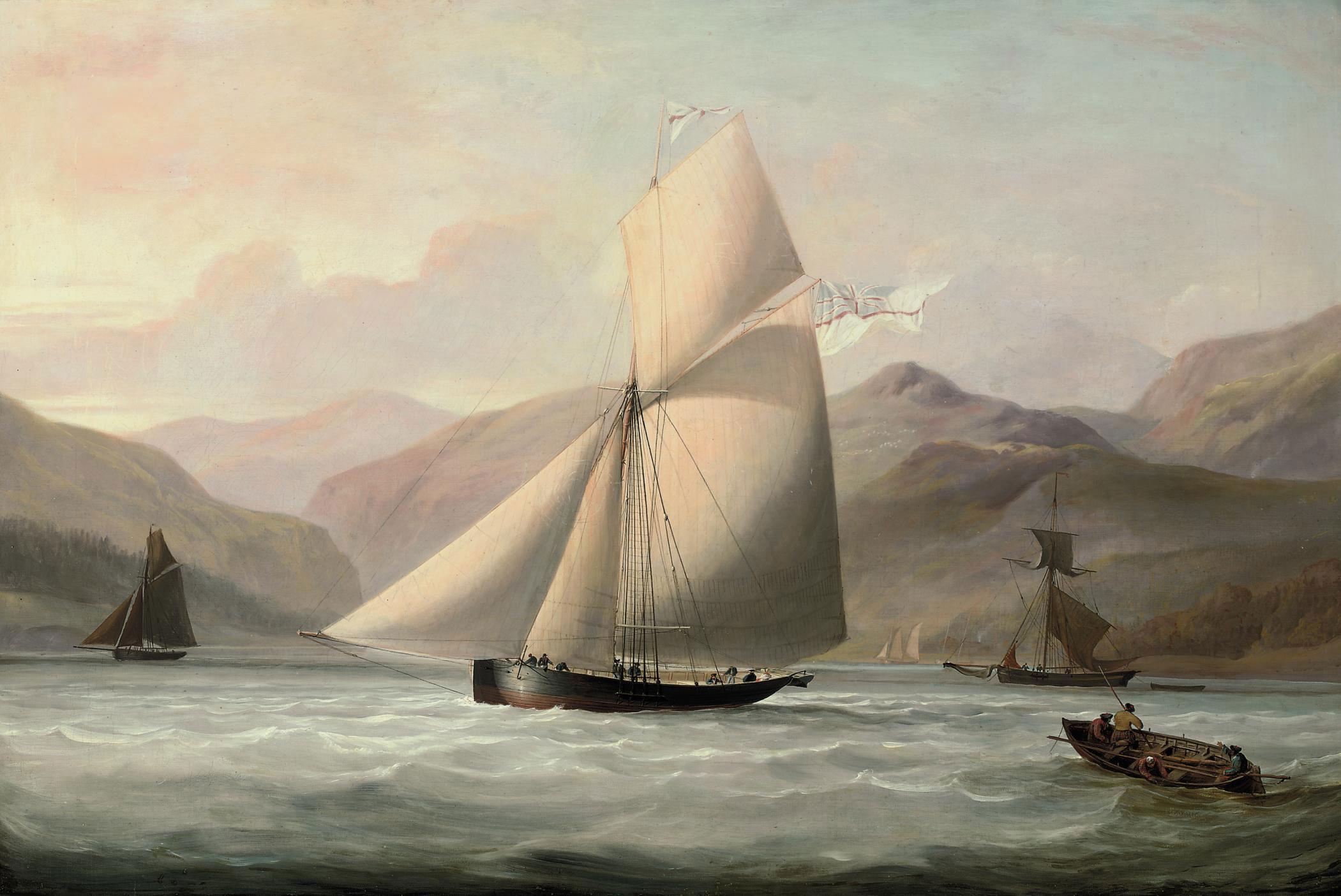 John Christian Schetky - Sir John Bayley\'s cutter yacht Nymph flying the ensign of the Royal Yacht Squadron in Scottish waters