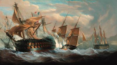 John Christian Schetky - The Guillaume Tell in action with H.M.S. Penelope, with H.M.S. Lion to starboard and H.M.S. Foudroyant coming up astern to join the fray, 31st March 1800