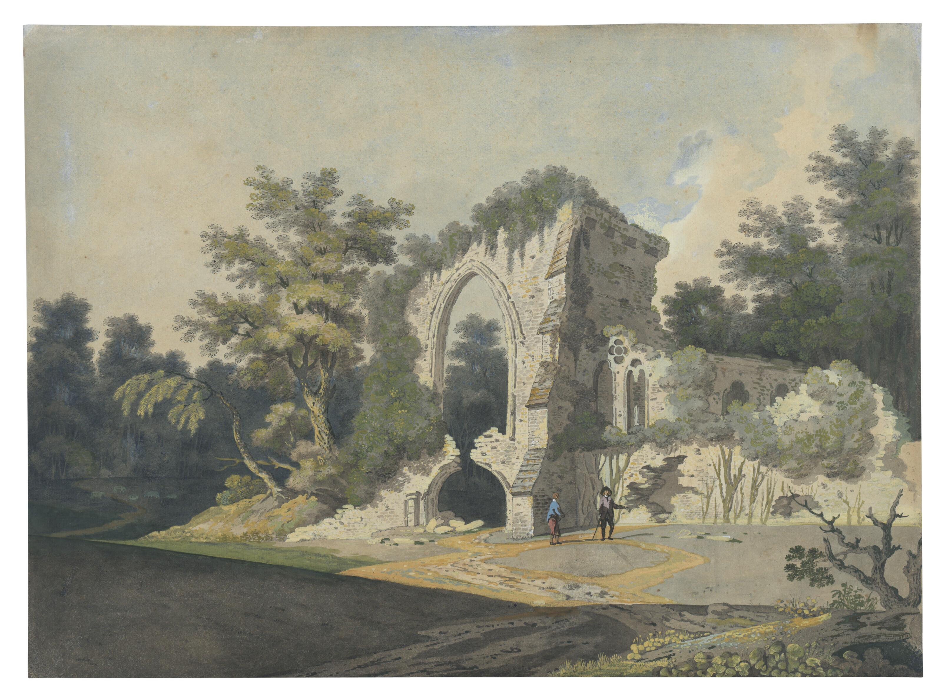 John Claude Nattes, O.W.S. - Elegant figures exploring a ruined abbey