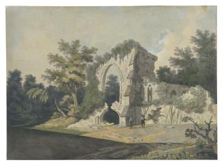 John Claude Nattes, O.W.S. - Elegant figures exploring a ruined abbey