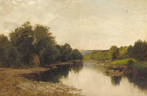 John Clayton Adams - Cattle Watering In A Tranquil River Landscape