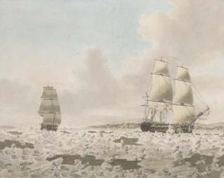 John Cleveley, Jun. - H.M.S. Carcass with the young Nelson aboard and H.M.S. Racehorse searching for the North West Passage in 1773