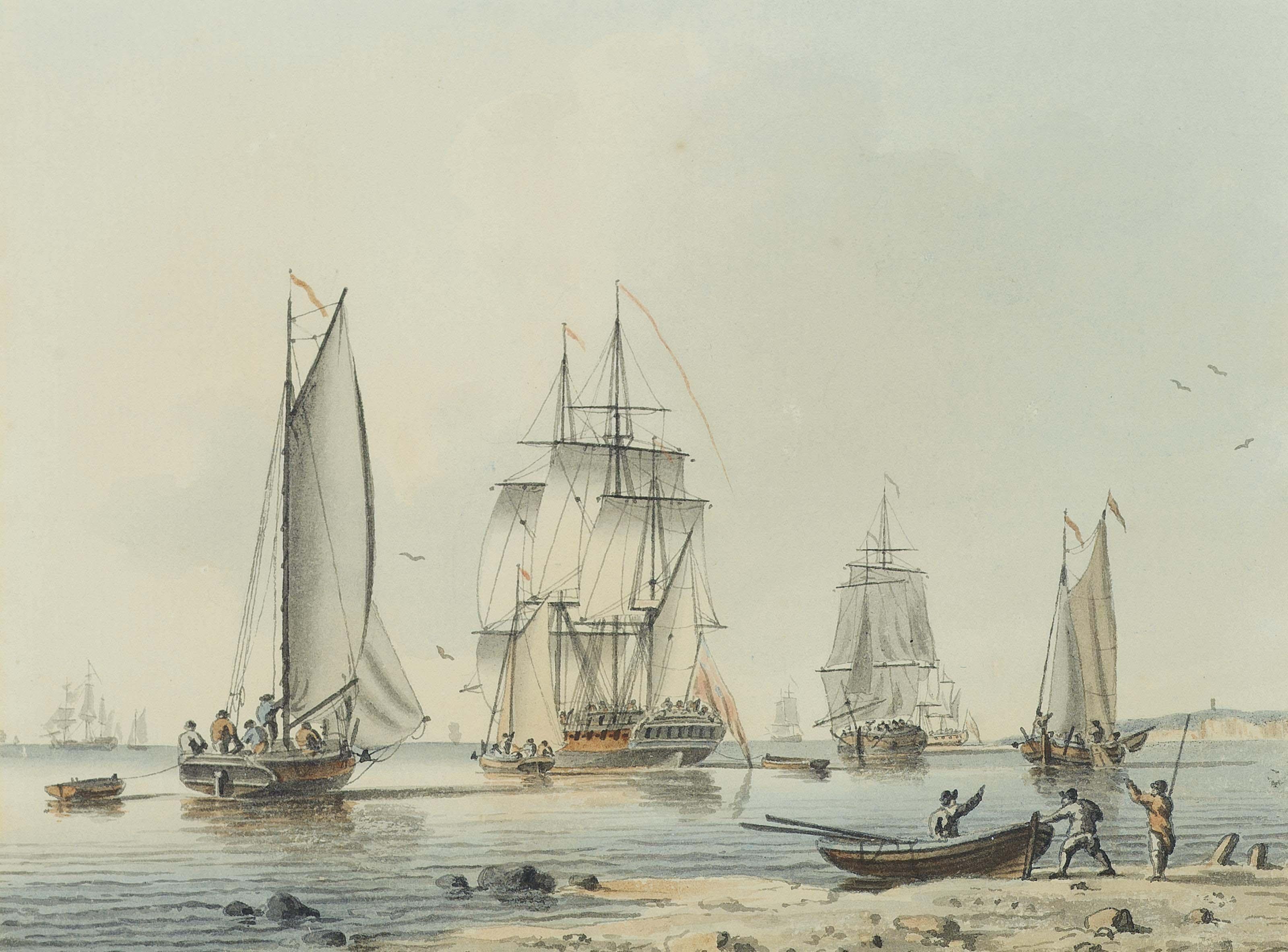 John Cleveley, Jun. - Royal Navy Frigates And Other Shipping In A Calm Off The North Foreland