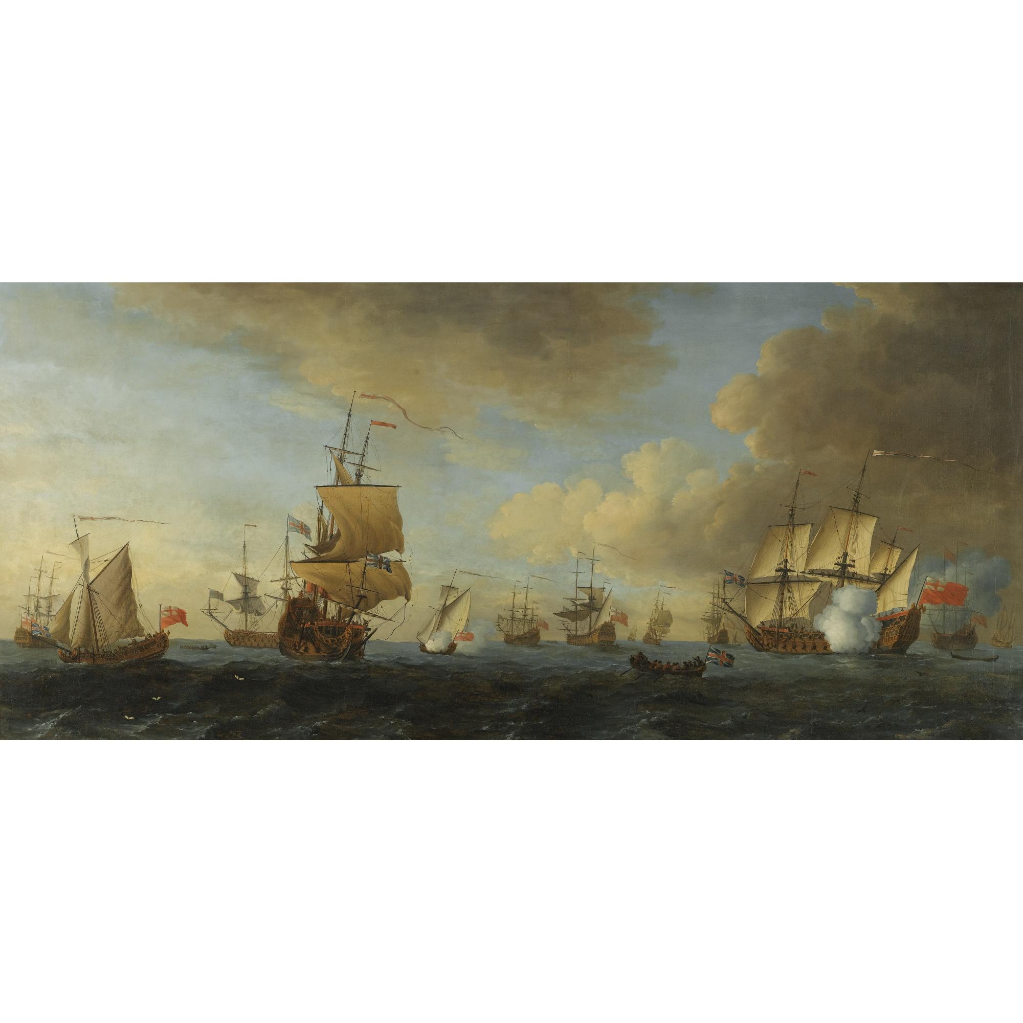 John Cleveley The Elder - An English Frigate Under Sail Firing A Gun, With Shipping At Anchor And Under Sail