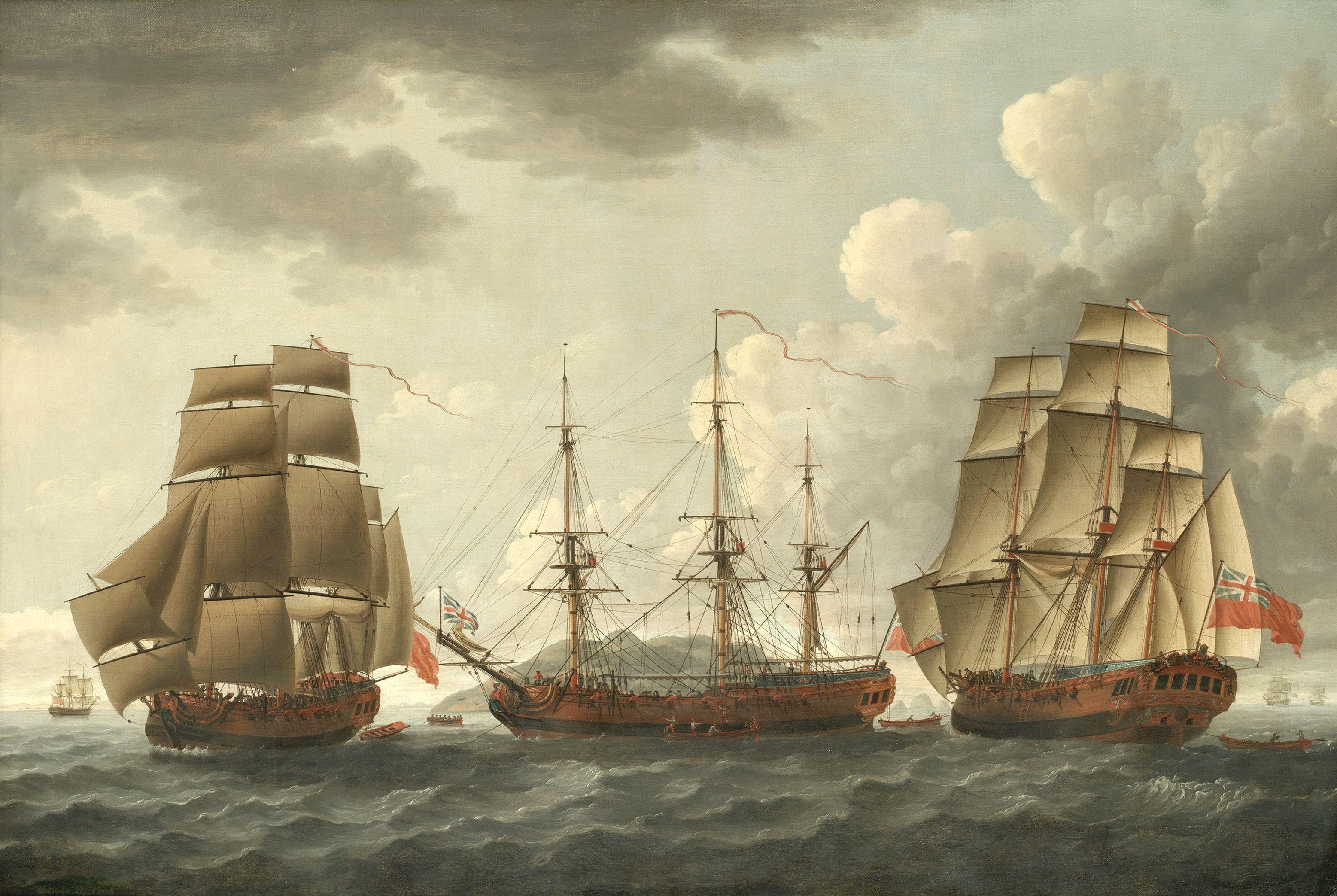 John Cleveley The Elder - H.M.S. Tryall In Three Positions Off Antigua