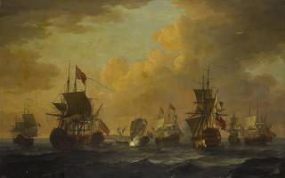 John Cleveley The Elder - Shipping Off A Coast, With One Flying The Royal Standard, Another With A Vice Admiral Of The Red, Another With A Rear Admiral Of The Blue