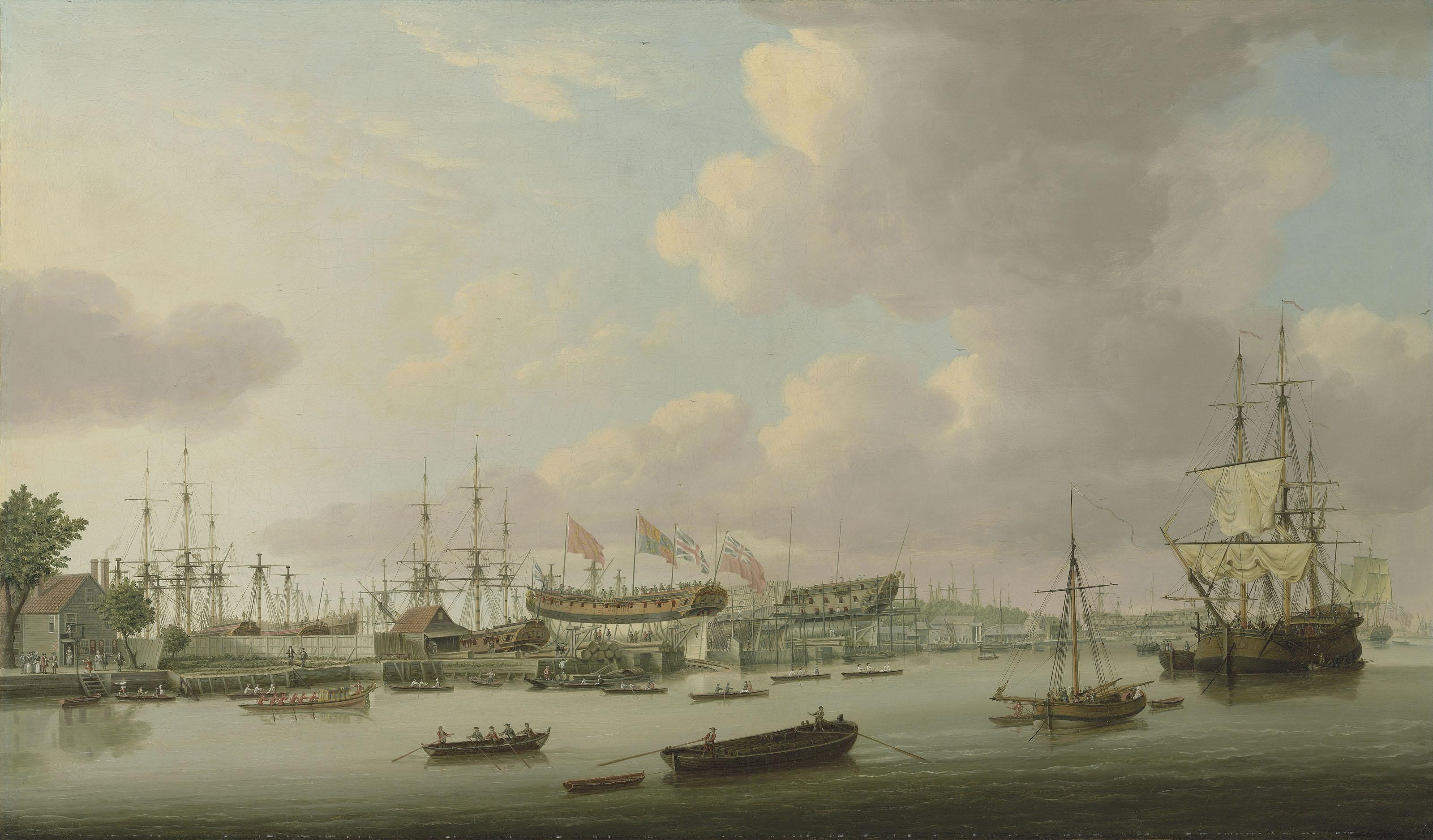 John Cleveley, The Elder - The Adams shipyard from the Isle of Dogs, with His Majesty’s new frigate Ambuscade ‘on the stocks’, dressed with flags and ready for launching, 17 September 1773