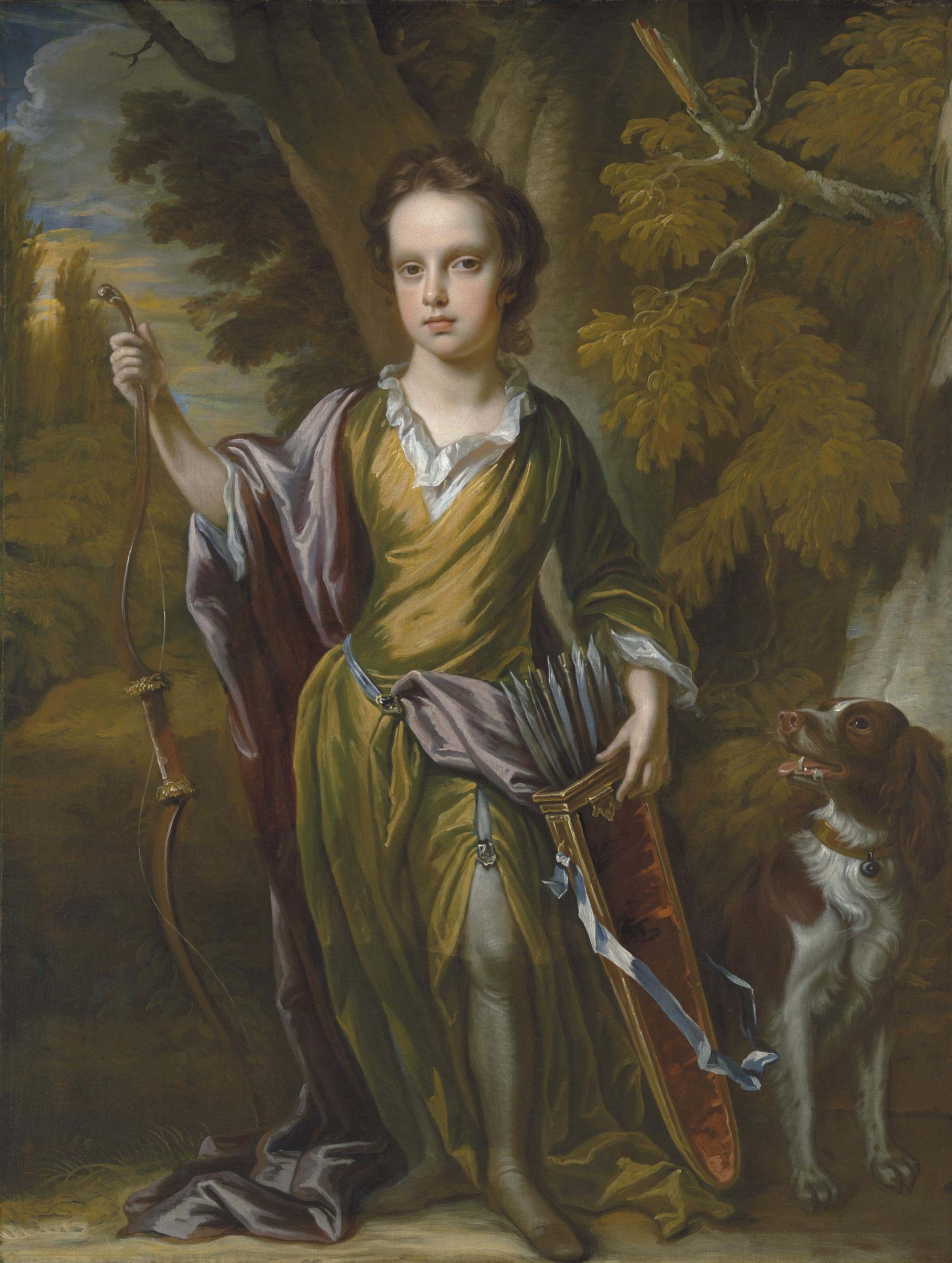 John Closterman - Portrait of David Papillon (1691-1762), full-length, with a bow and arrows and his dog, in a landscape