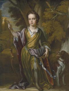 John Closterman - Portrait of David Papillon (1691-1762), full-length, with a bow and arrows and his dog, in a landscape
