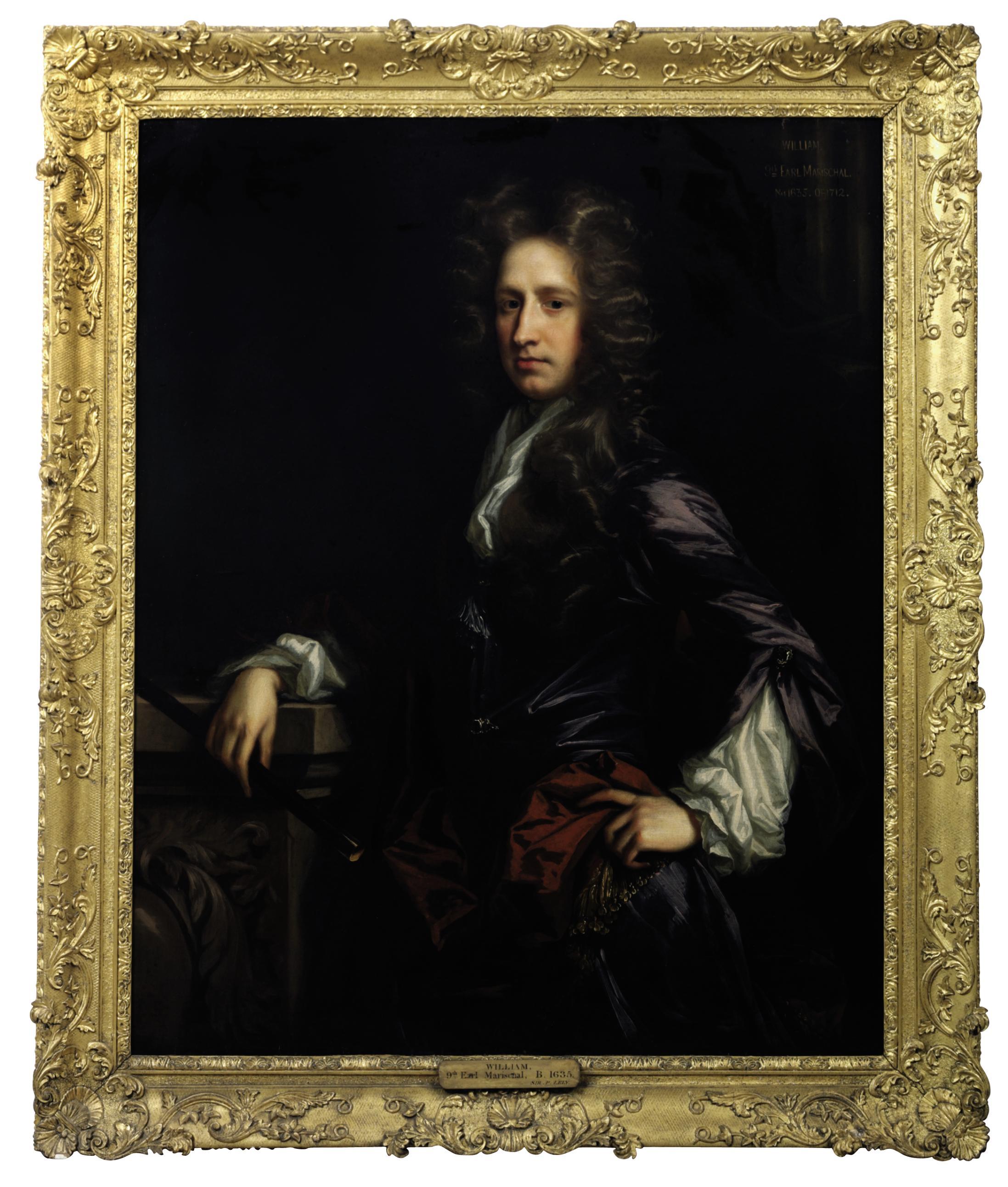 John Closterman - Portrait of William Keith, 8th Earl Marischal (c. 1664-1712), three-quarter-length, in a purple coat, a white stock and a brown mantle with gold trim, holding a baton and leaning on a plinth