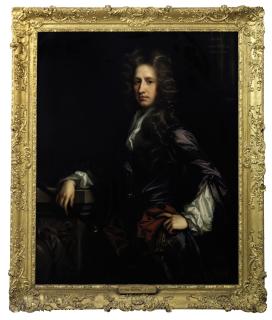 John Closterman - Portrait of William Keith, 8th Earl Marischal (c. 1664-1712), three-quarter-length, in a purple coat, a white stock and a brown mantle with gold trim, holding a baton and leaning on a plinth