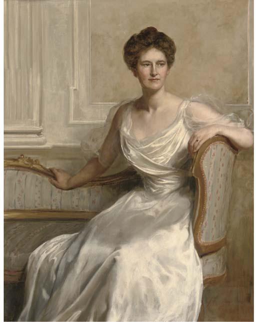 John Collier - Portrait of Mary Frances Wilson, Seated Three-Quarter-Length, In A White Dress, In An Interior