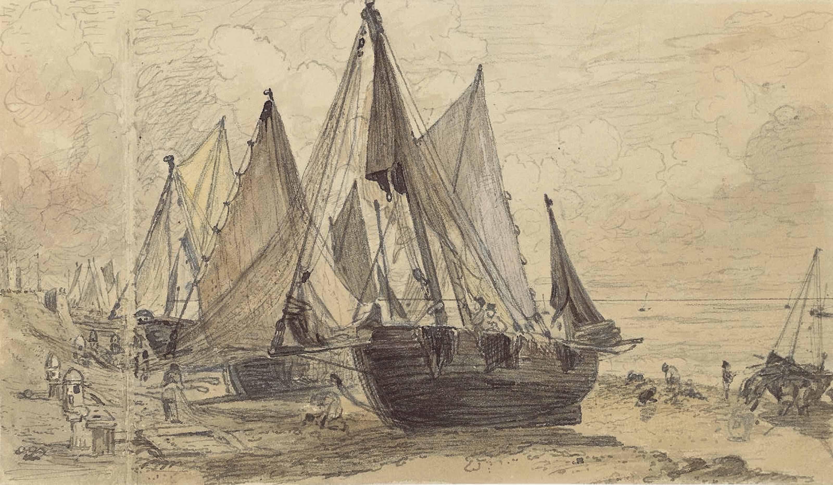 John Constable, R.A. - Brighton Beach, with fishing boats