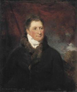 John Constable, R.A. - Portrait of Henry Greswold Lewis (1754-1829), half-length, in a brown fur-lined coat, a draped red curtain and landscape beyond