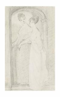 John Constable, R.A. - Two young ladies talking, in an arched doorway (recto); with a study of two young ladies seated (verso)