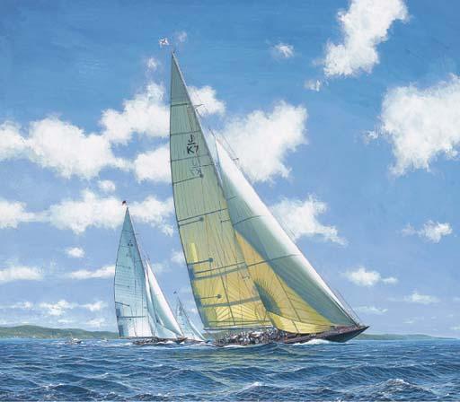 John Cooper - The Antigua Classic Yacht Regatta, 1998:  Velsheda to windward and leading Endeavour and Shamrock