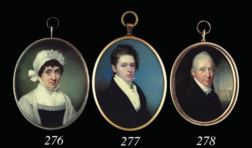 John Cox Dillman Engleheart - A lady, facing right in lace-bordered black dress with high white collar and fichu, spotted muslin stole draped over her shoulders, frilled lace cap tied in her curling brown hair