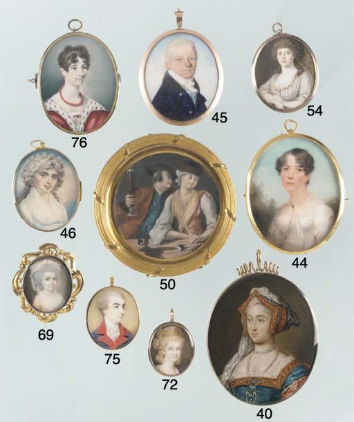 John Cox Dillman Engleheart - A noblewoman, in a low-cut white dress and ermine-bordered red cloak over her shoulders, wearing a red beaded necklace, dark hair upswept