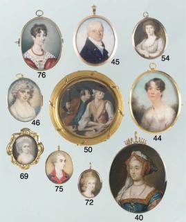 John Cox Dillman Engleheart - A noblewoman, in a low-cut white dress and ermine-bordered red cloak over her shoulders, wearing a red beaded necklace, dark hair upswept