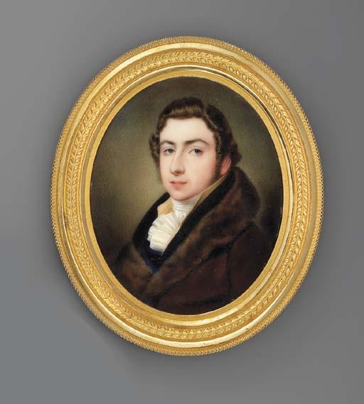 John Cox Dillman Engleheart - A Young Gentleman, In Fur-Bordered Brown Coat, Dark Blue Coat With Black Collar, Yellow Waistcoat And Frilled Cravat, Dark Brown Hair With Sideburns