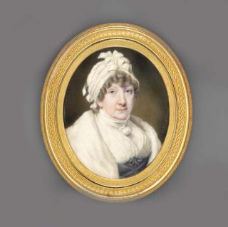 John Cox Dillman Engleheart - Mrs Baillie, In Blue Dress With Lacing At Bodice, White Fichu And Knotted White Scarf, White Fur Stole Draped Over Her Shoulders, Embroidered White Turban Headdress With Ribbons In Her Curling Grey Hair