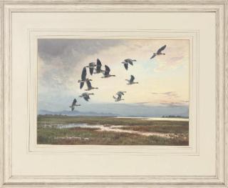 John Cyril Harrison - Greylag geese in flight, sunset