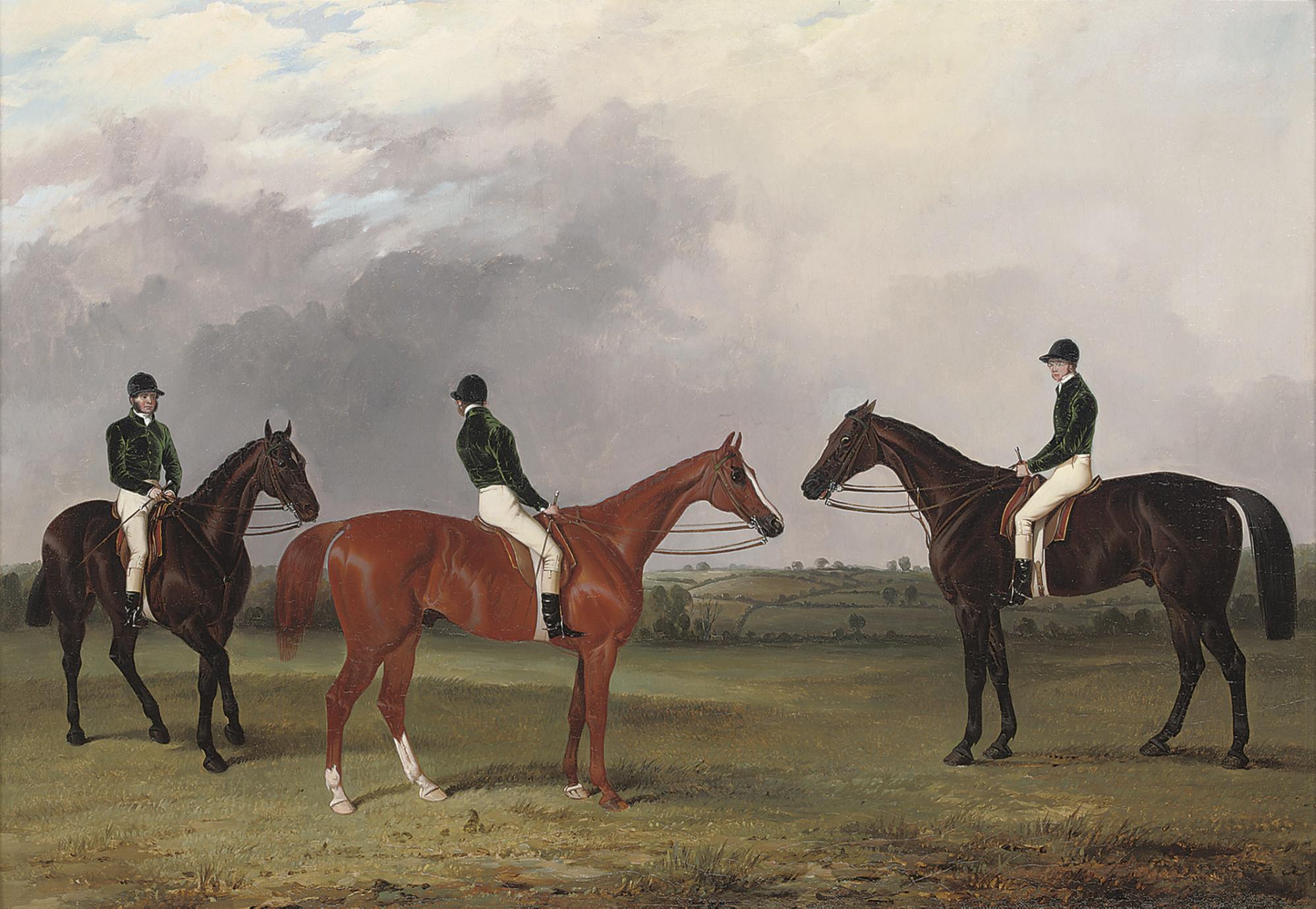 John Dalby - A chestnut and two bay racehorses belonging to John Bowes with jockeys up