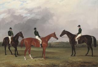 John Dalby - A chestnut and two bay racehorses belonging to John Bowes with jockeys up