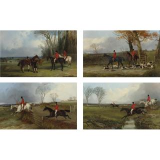 John Dalby - British Mounting At Covertside; Hunstman And Whipper In With Hounds Going To Draw; Full Cry Crossing The Road; Crossing A Brook: A Set Of Four Paintings Of The Middleton Hunt