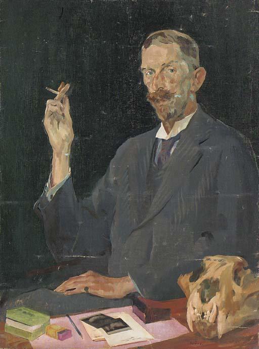 John David Revel, R.O.I. - Portrait of a gentleman, seated three-quarter-length, in a dark grey suit, smoking a cigarette, with a skull on a table before him