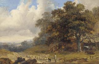 John Dearman - A shepherd with his flock in an extensive landscape
