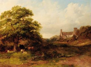 John Dearman - Cattle and sheep in a wooded landscape with a cottage beyond